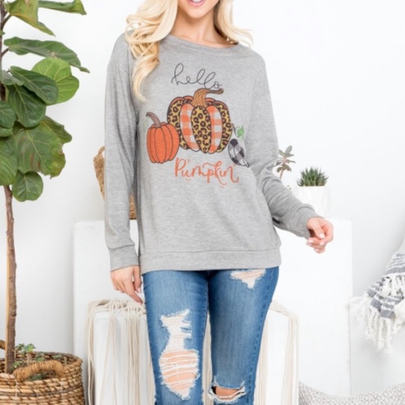 Tops - "Hello Pumpkin" Heather Gray Pullover Sweatshirt